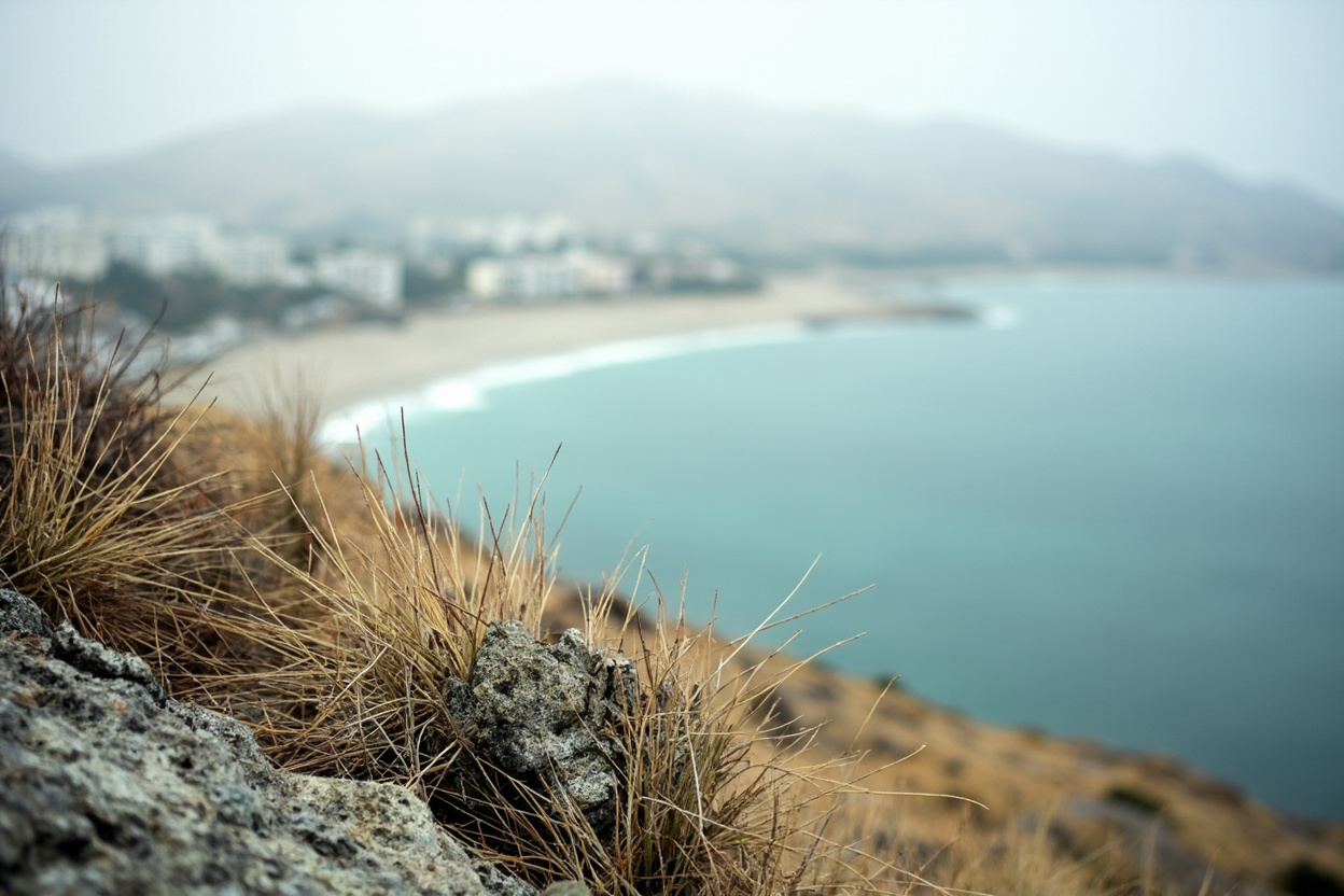Sagebrush on a dry rocky slope above a curving bay of turquoise water with a thin sandy beach far below in Osoyoos BC
